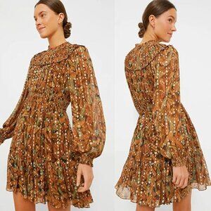 NWT Ulla Johnson Elisa Elastic Cuff Chiffon Pull-On Mini Dress Tiger's Eye